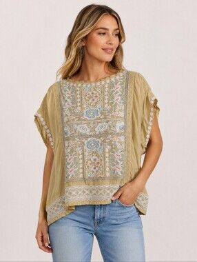 Johnny Was Biya Embroidered Silk Blouse Top Small Boho Floral Lace Mustard